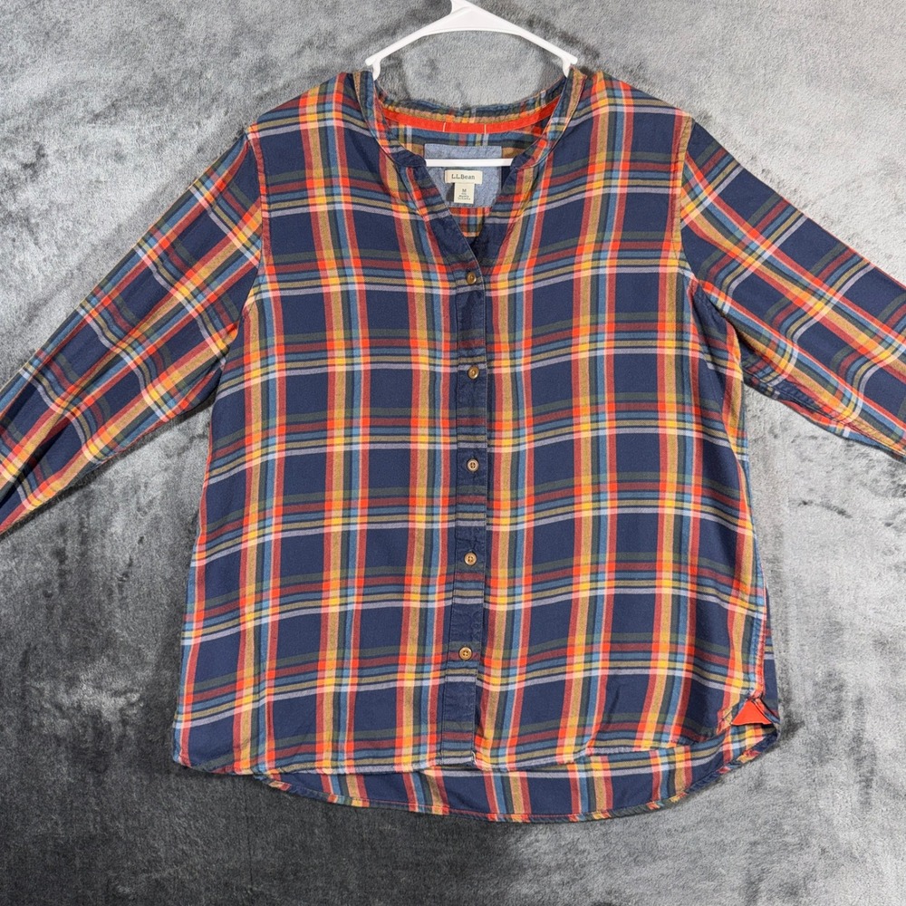 LL Bean Signature Plaid Split Neck Tunic Shirt Navy Orange Cotton Tencel 510778